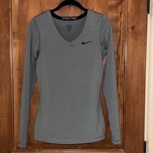 Nike Pro Women's Long Sleeve V-Neck Top - Light Gray with Black Swoosh
